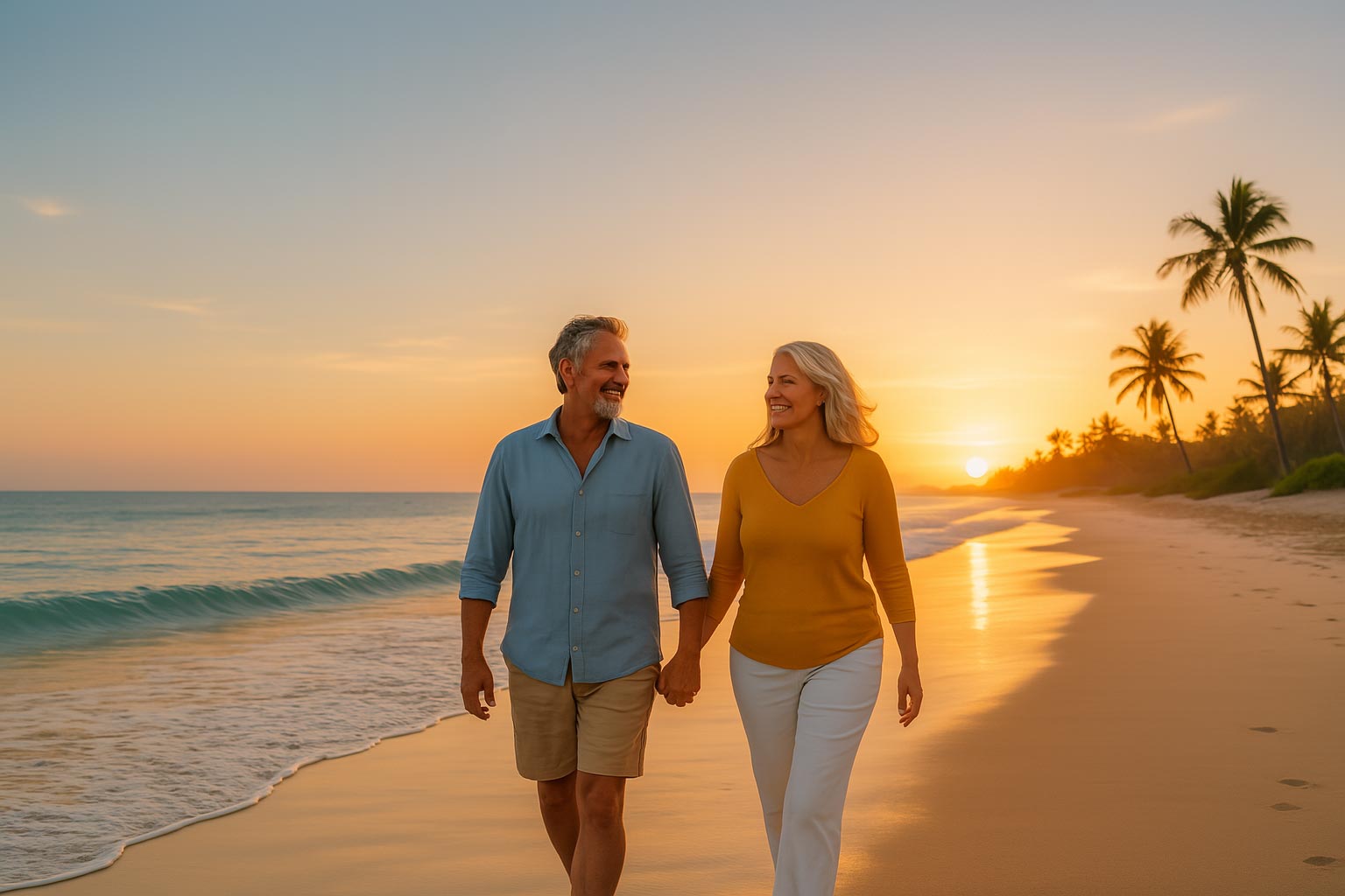 Active Adult Communities: Couple walking on the beach Active Adult Communities: Couple walking on the beach