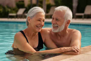 Couple in a pool in an Active Adult Community