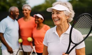 Senior lady playing tennis at in an Active Adult Community