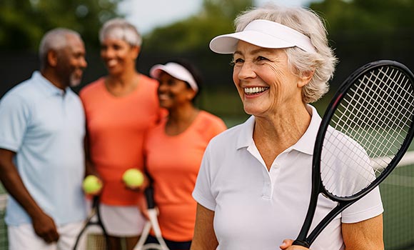 Senior lady playing tennis at in an Active Adult Community