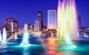 Downtown Jacksonville view with water fountains