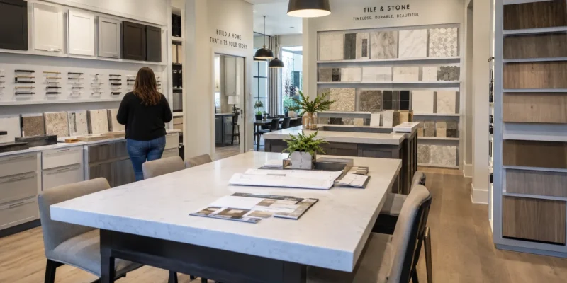 Woman in home decorator store picking out items for Jacksonville new construction home